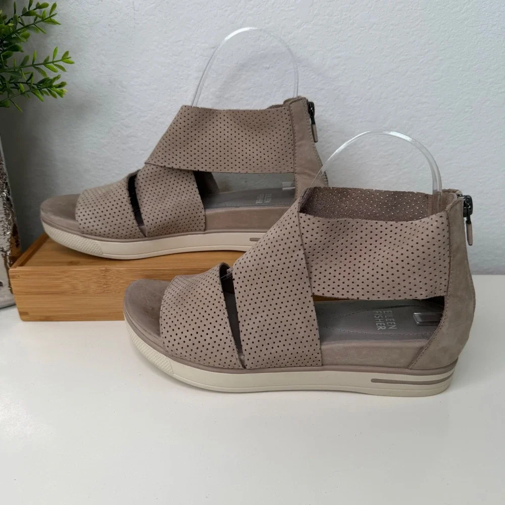 Eileen Fisher Platform Sandals‎ Womens Taupe Perforated Nubuck Minimalist 7